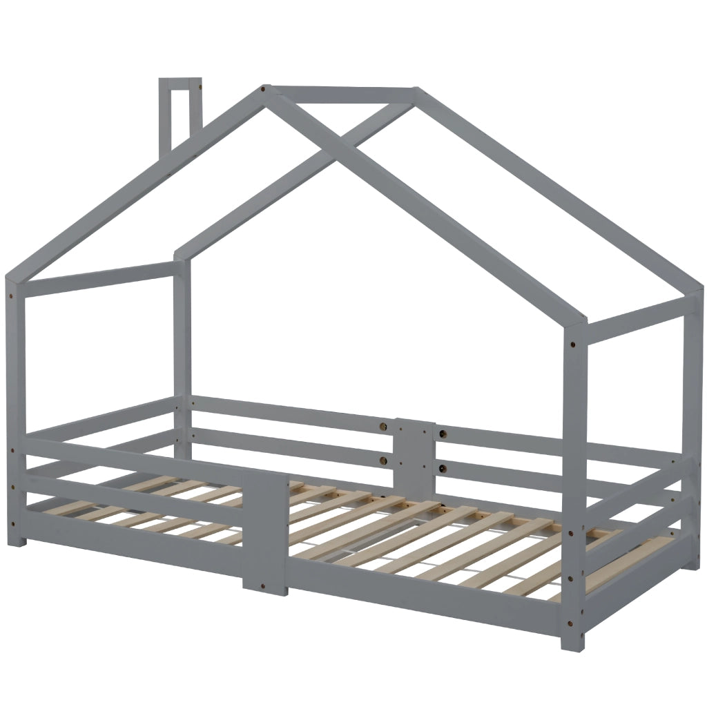 Letto a casa in legno massello grigio con protezione anticasco e reti a doghe 90x200 cm