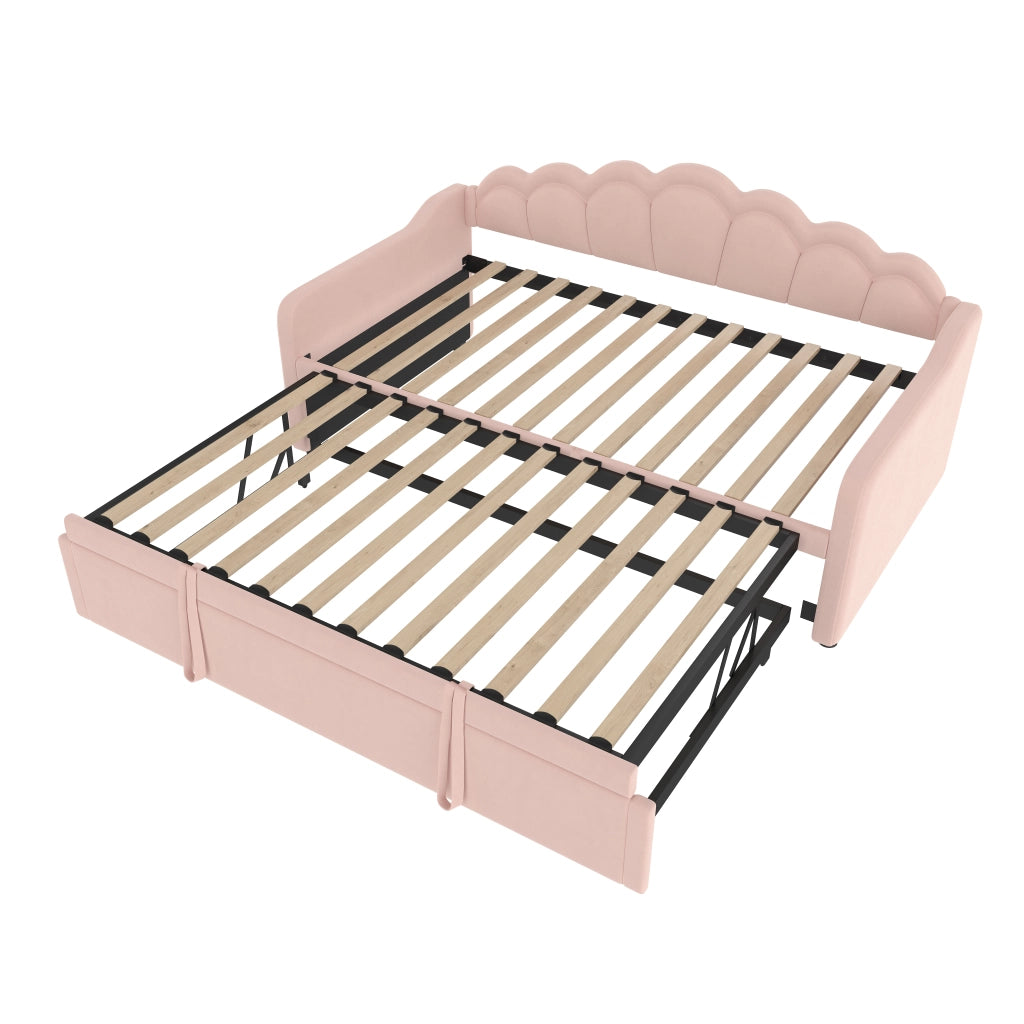 Letto estraibile singolo 90×200 cm e 180×200 cm con LED regolabile; senza materasso; velluto; rosa
