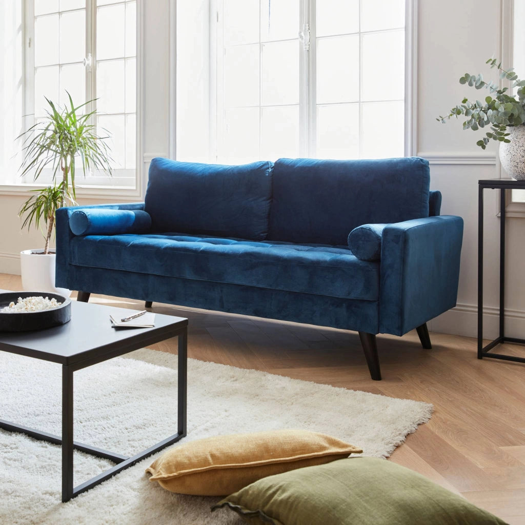Divano con gambe in legno, 3 posti, blu navy