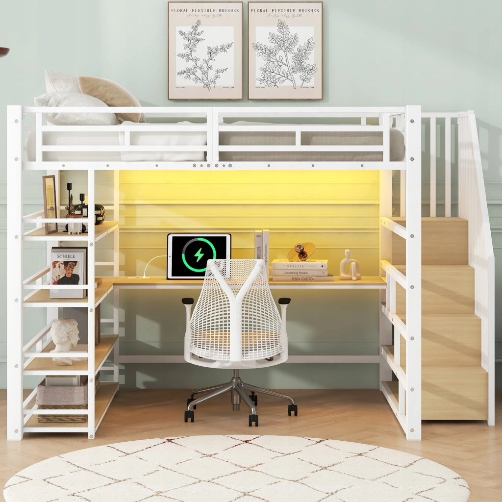 Letto a soppalco con scrivania - Xylo - 140x200 - Bianco - LED, USB, scale