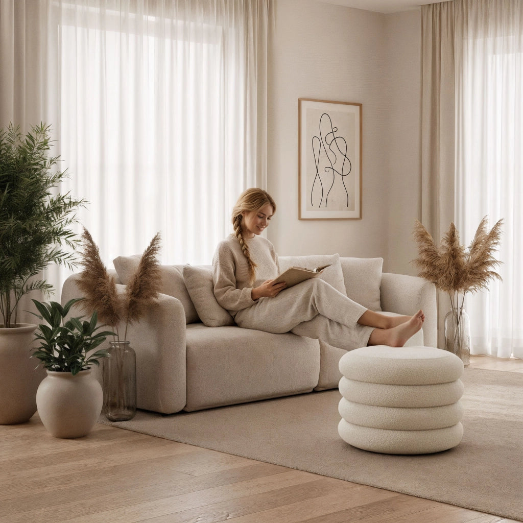 Pouf contenitore cilindrico in tessuto teddy 55 cm MOLLIS Bianco Nebbia