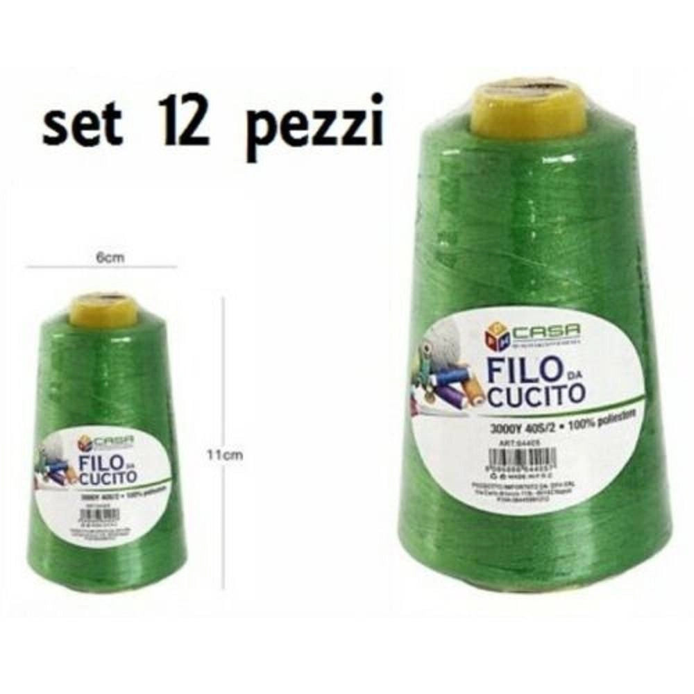 Trade Shop - Set 12 Pz Filati A Cono Filo Poliestere Cucito 3000y 40s/2 Verde Gomitolo Cotone -