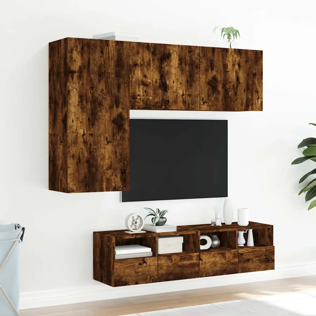 Mobili TV a Muro 4pz Rovere Fumo in Legno Multistrato
