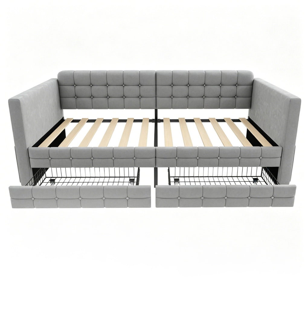 Letto imbottito 90x190 cm con 2 cassetti e tasche laterali in velluto grigio chiaro