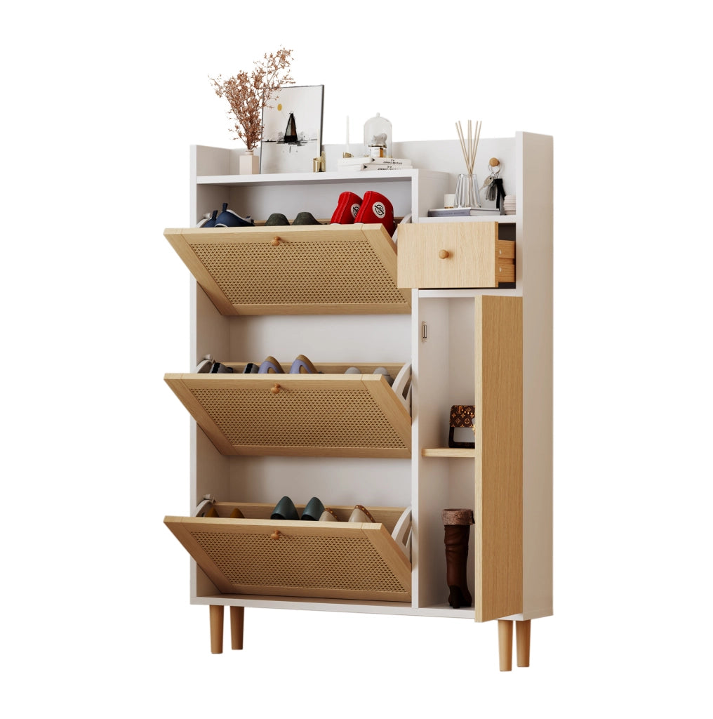Scarpiera slim con ante a ribalta, MDF, naturale e bianco