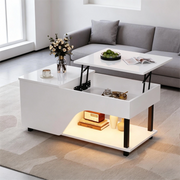 Tavolino basso sollevabile con vano portaoggetti nascosto e ripiani laterali in truciolare bianco 50 × 100 × 46 cm