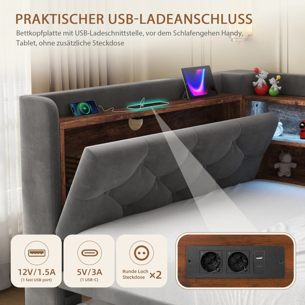 Letto divano singolo 90 × 190 cm estraibile, contenitore, LED, USB e Type-C, senza materasso, grigio