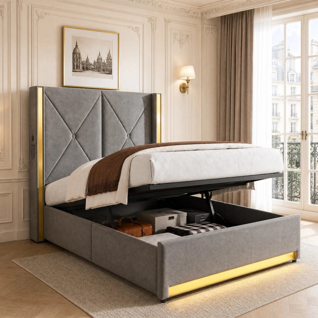 Letto contenitore 90x200 cm in velluto grigio scuro con USB, Type-C, LED, tasche laterali e testiera alta