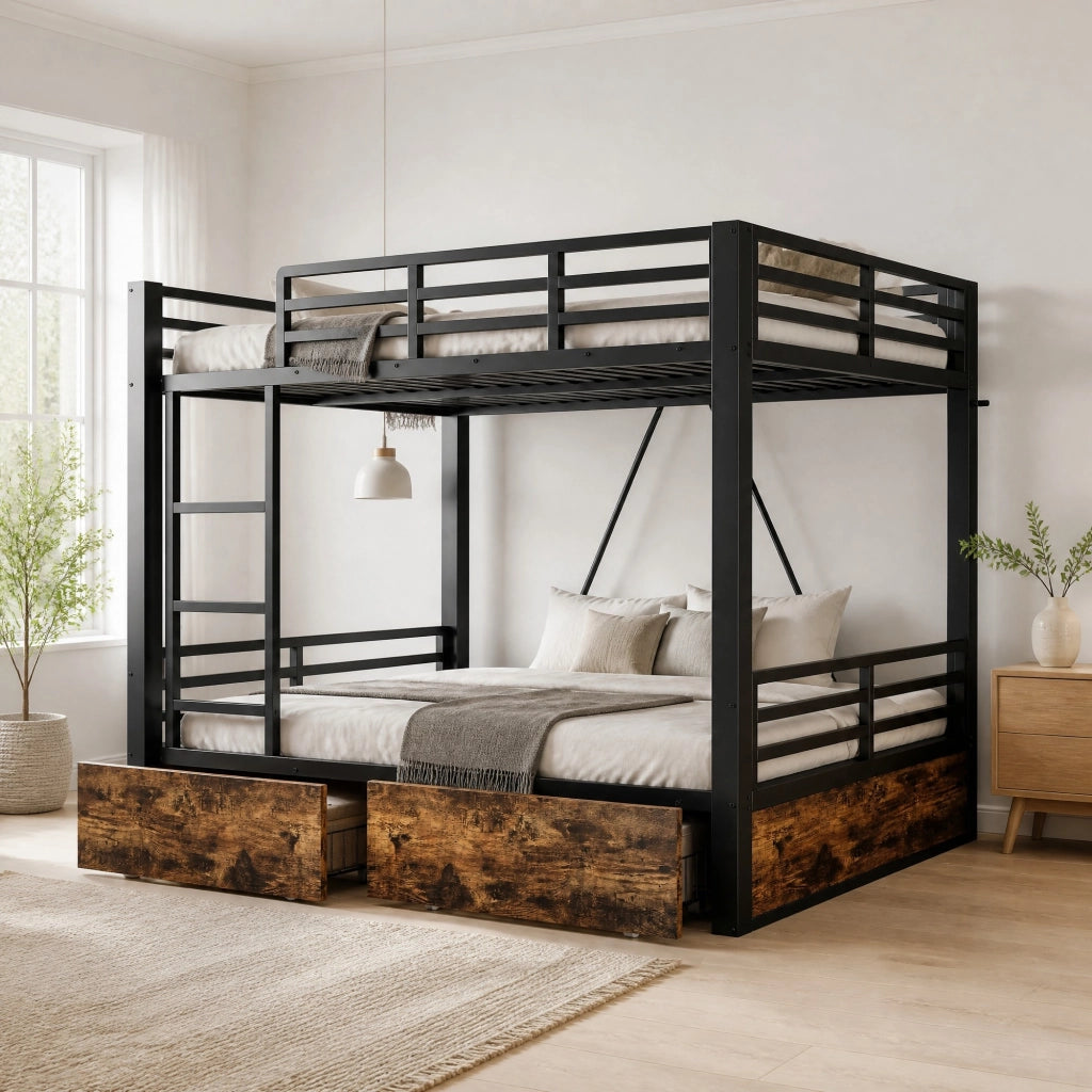 Letto a Castello in Metallo 140x200 cm con Cassetti, Scala e Sponde di Sicurezza, Nero