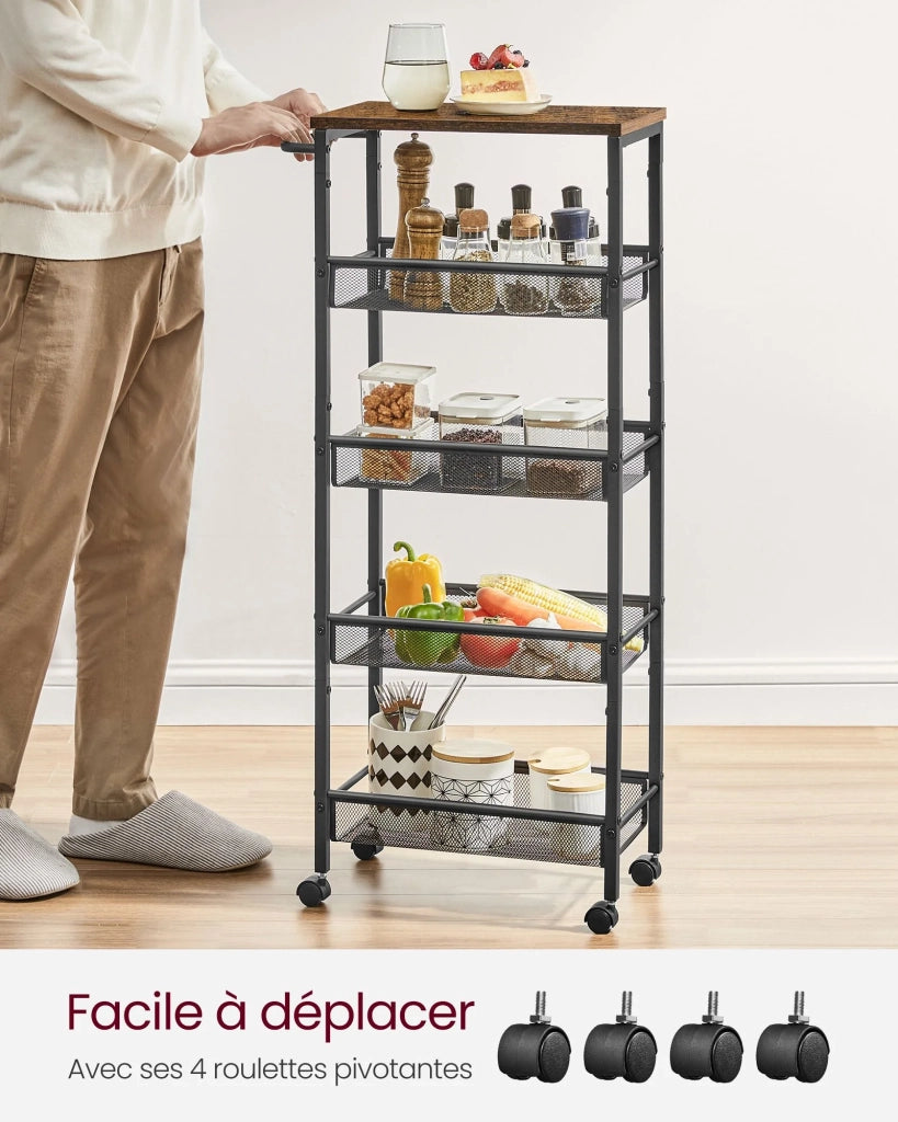 Carrello di servizio ripiano portaoggetti mobile design sottile ruote girevoli a 360° struttura in metallo per cucina soggiorno ufficio marrone 12_0005287