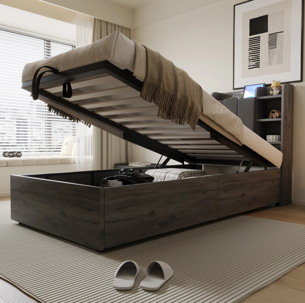 Letto singolo 90x200 cm con contenitore idraulico e prese USB