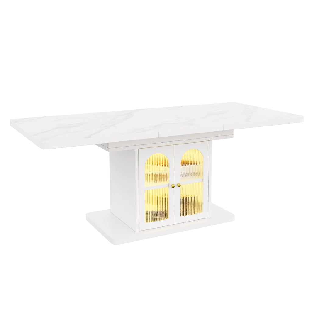 Tavolo da pranzo allungabile 150-200x80 cm con LED; per 6-8 persone; vani portaoggetti; design scandinavo; MDF bianco