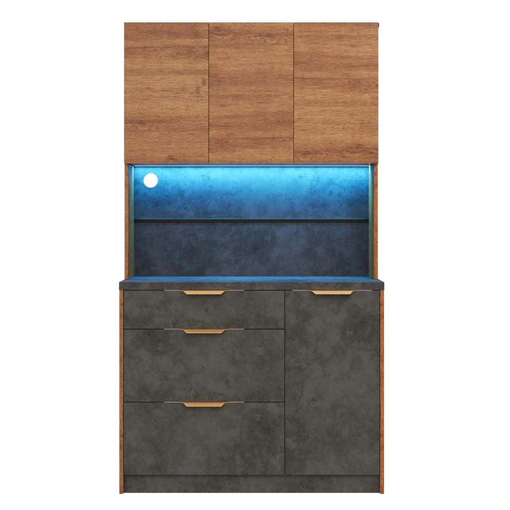 Credenza alta 100x40x180 cm con LED RGB, prese e USB in MDF naturale