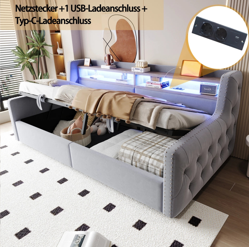 Divano letto imbottito 90x200 cm in velluto grigio chiaro con contenitore; LED e prese
