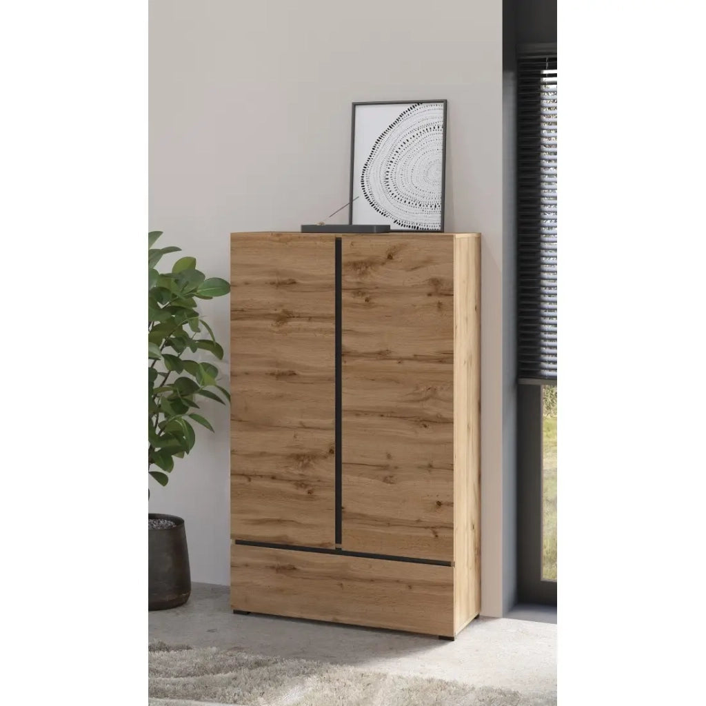 Armadio da camera HAVANA in quercia e nero con 2 porte e 1 cassetto - Mobile moderno e compatto per camera da letto