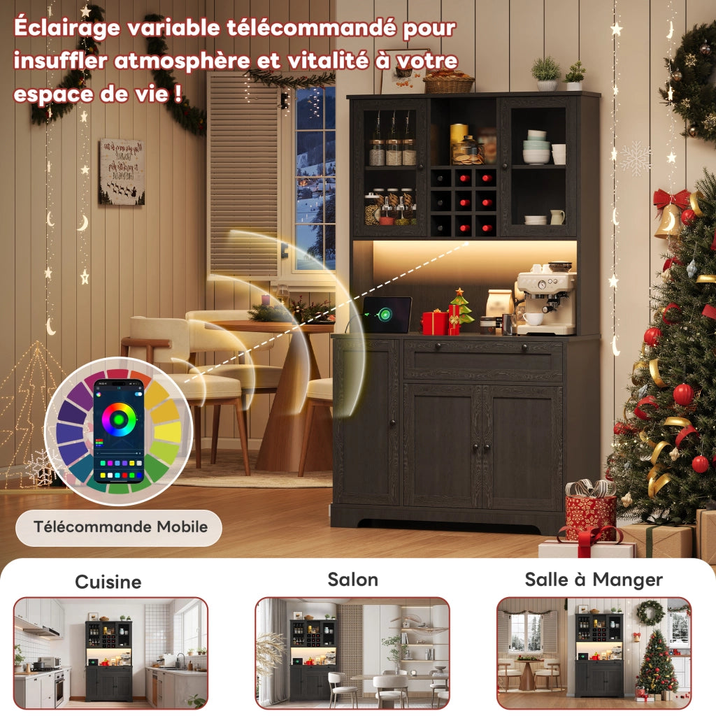 Credenza e madia con 5 ante, 1 cassetto, LED e presa, per cucina e sala da pranzo, in MDF, nero, 180 × 105 × 40 cm