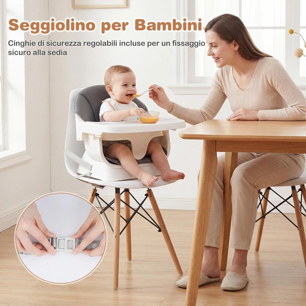 Seggiolone Pappa per Neonati, Vassoio Regolabile | Seggiolone Evolutivo Convertibile con Cuscino Rimovibile, Cintura di Sicurezza a 5 Punti, in Legno con per Bambini 6-36 Mesi