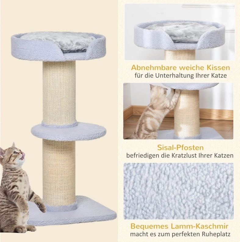 Tiragraffi per gatti azzurro chiaro con sisal, piattaforme e cuscino removibile