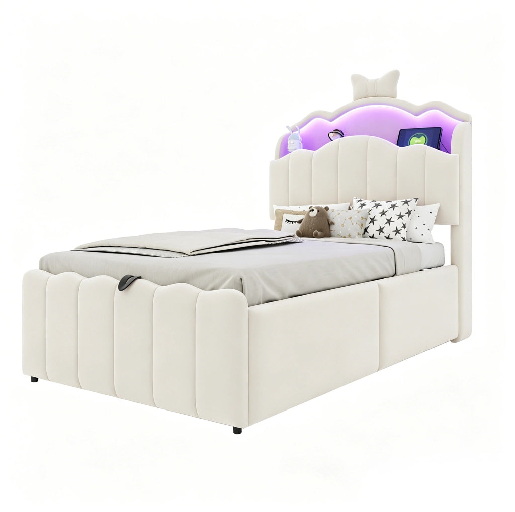 Letto per bambini imbottito 90x200 cm con contenitore idraulico; LED; USB e USB-C; beige