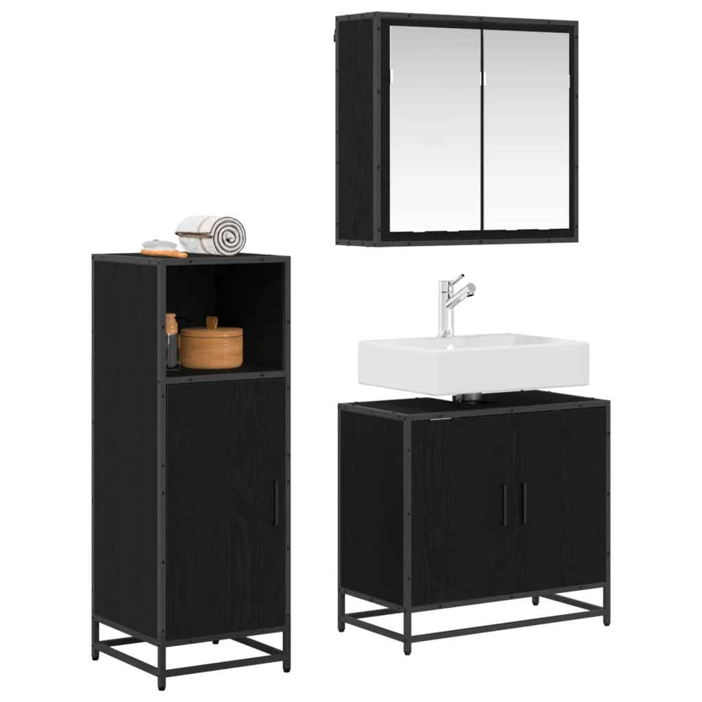 Set di mobili per il bagno 3 pcs Rovere Nero Legno multistrato