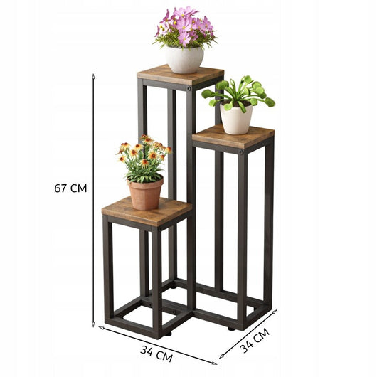 Supporto per piante con misure 34x34x67 cm, colore marrone, ideale per la casa o il balcone.