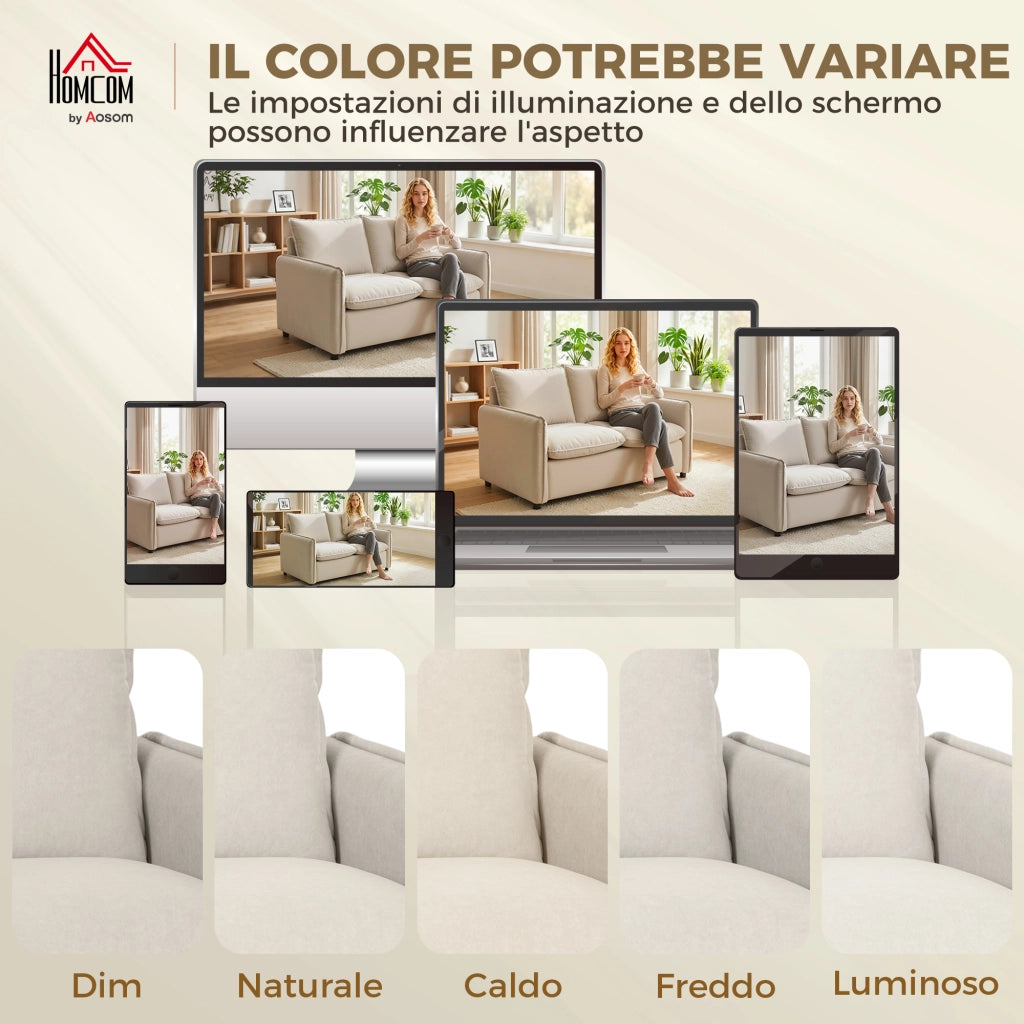 Divano 2 Posti 131x73x80 cm Imbottito con 2 Cuscini e Braccioli in Tessuto Effetto Pelle Traspirante Crema