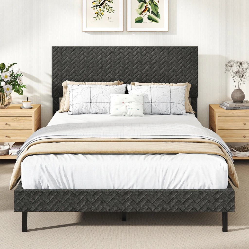 Telaio letto a piattaforma imbottito in lino con testiera chevron regolabile in altezza-Telaio letto a piattaforma silenzioso larghezza 144,5 cm