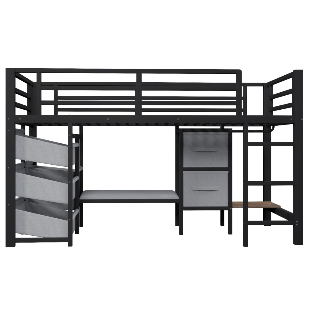 Letto a mezza altezza 90x200 cm con LED; cuscino seduta e contenitori in metallo