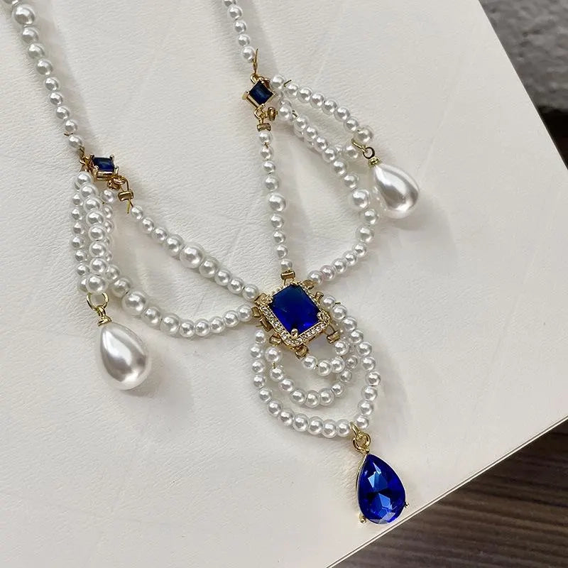 Collana vintage a pi¨´ strati con perle e gocce blu, regalo di Natale o compleanno.
