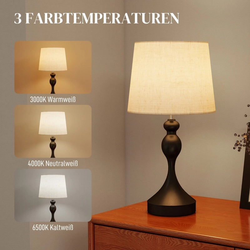 Lampada da tavolo a LED con 3 temperature di colore, lampada da comodino con porte di ricarica USB A+C, paralume in lino, nera