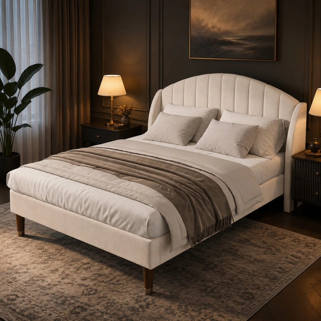 Letto imbottito beige 140x190 cm in velluto con rete a doghe