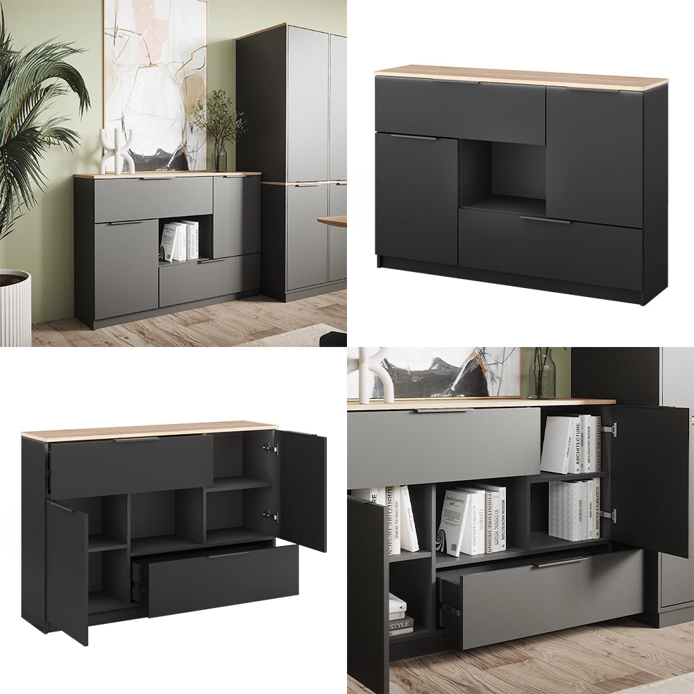 Vicco Cassettiera per camera da letto Antracite 120 x 83.6 cm 2x porta, 2x cassetto e 1x scomparto aperto
