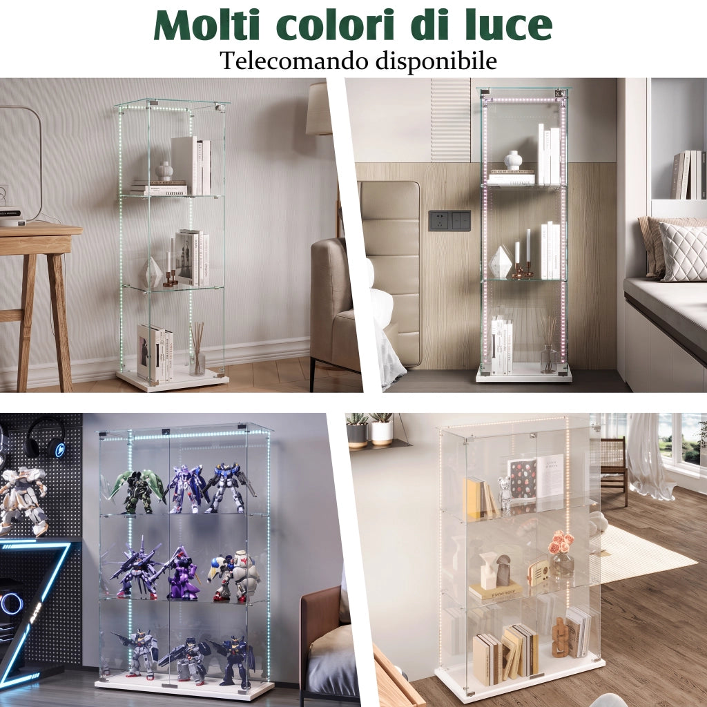 Vetrina espositiva in vetro temperato base bianca con luci LED RGB e serratura, 39,8x35x123,3cm, ripiani regolabili per collezioni e modellini