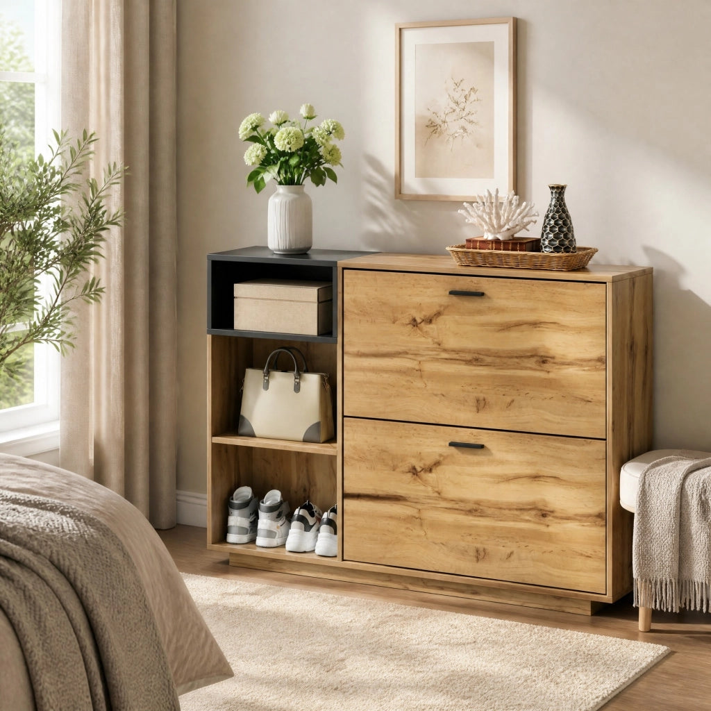 Scarpiera da ingresso 120x32x84,5 cm in MDF con 3 vani aperti e 2 ribalte, colore naturale e nero