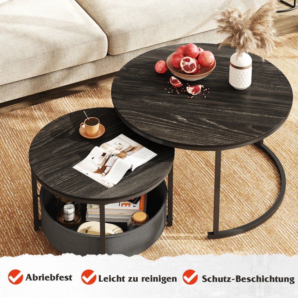 Tavolino da salotto rotondo 2 pezzi ¨C zephmum ¨C nero effetto legno con cesto