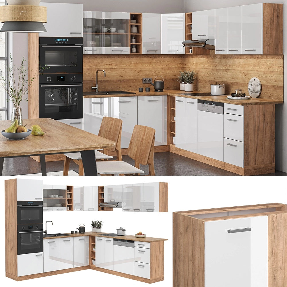 Cucina angolare completa R-Line Bianco lucido/Rovere dorato 247 x 237 cm, PL Antracite Vicco