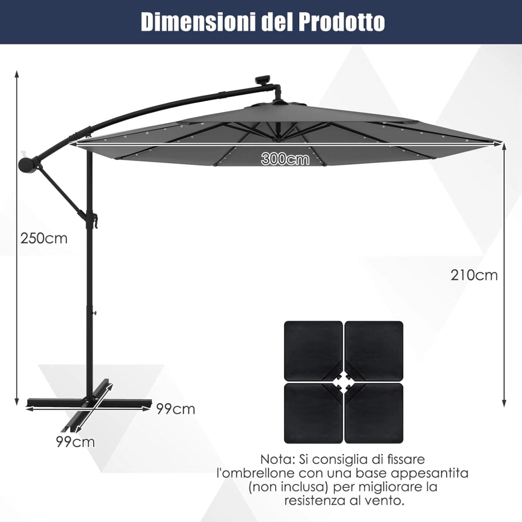 Ombrellone da Giardino 300 cm, 40 Luci LED Solari, Anti-UV, Inclinazione Regolabile, Manovella, 8 Stecche per Esterno Piscina Patio (Grigio)