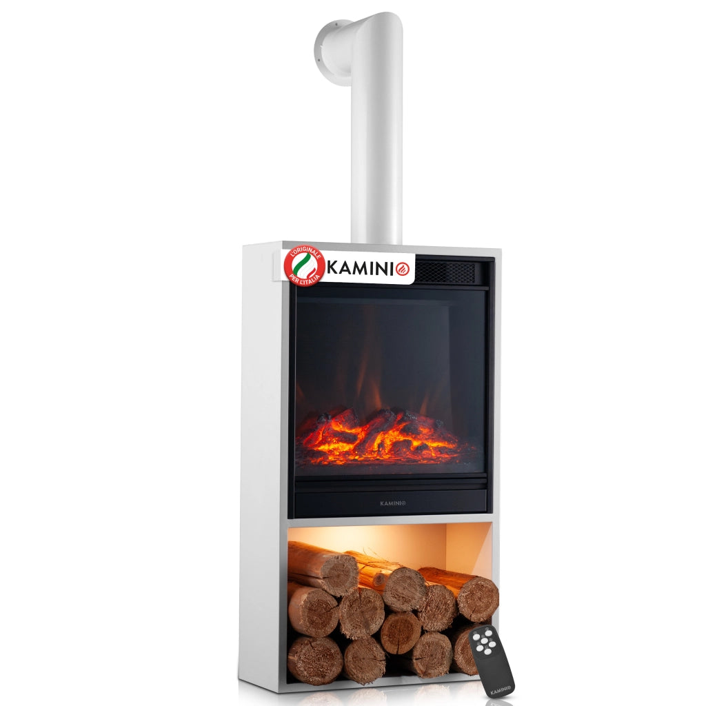 KAMINIO Camino elettrico HUGO con tubo del camino - Stufa elettrica riscaldamento, fiamma 3D, luce ambiente, scomparto de legno, telecomando - Bianco