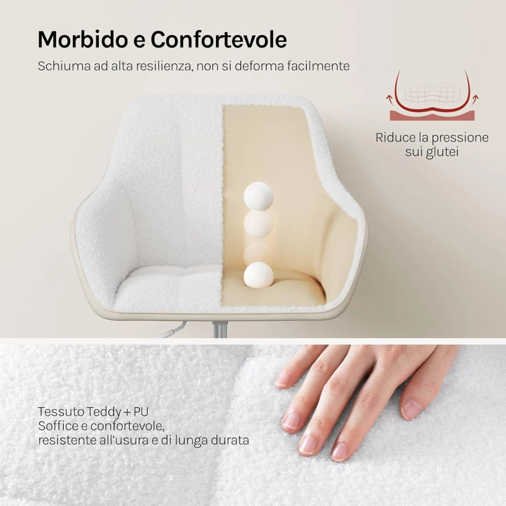 Sedia Ufficio con Braccioli e Rotelle, Poltroncina Regolabile in Altezza Girevole, Sedia da Trucco, Bouclé + PU, Crema+Grigio BS175grcm