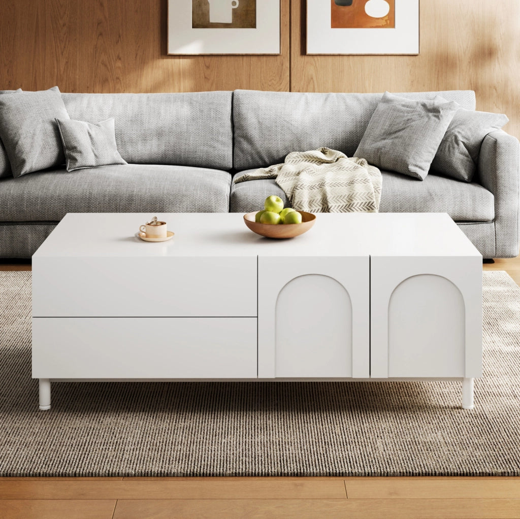 Tavolino da salotto rettangolare 100x50 cm con 2 cassetti e 2 ante; bianco