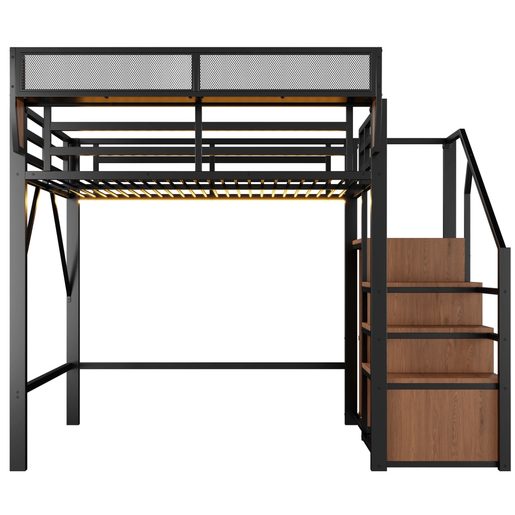 Letto a soppalco 140x200 cm in metallo con scala di sicurezza, ripiani flessibili e striscia LED, nero