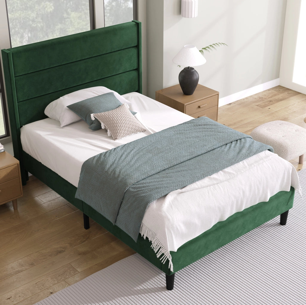Letto imbottito con rete a doghe e testiera; 90x200 cm; velluto verde scuro