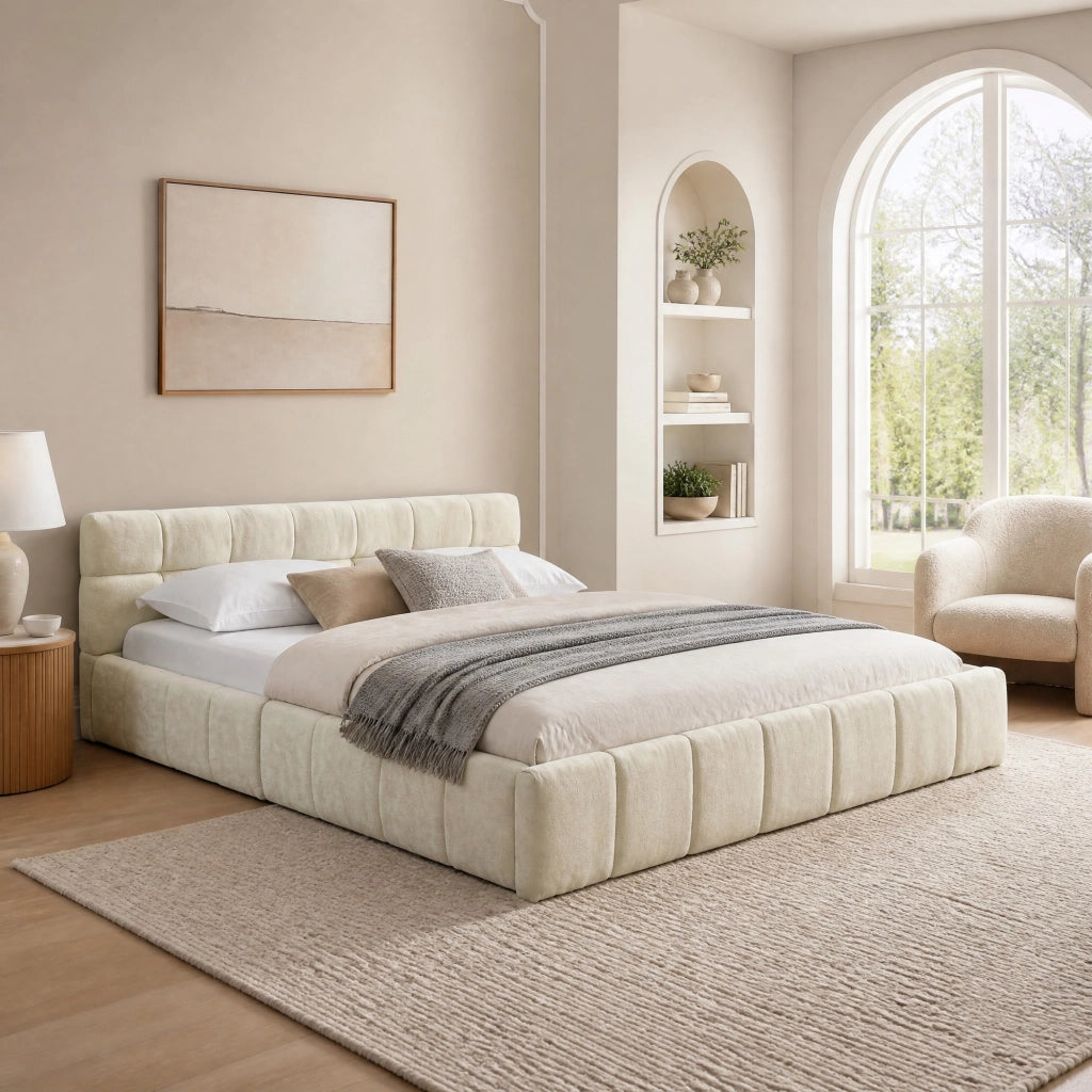Letto matrimoniale imbottito in chenille 140x200 cm beige