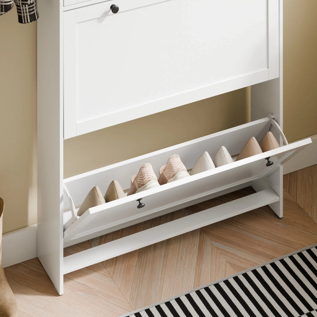 SoBuy FSR207-W, Scarpiera Salvaspazio Slim In Legno, Scarpiera Ingresso Moderna con 2 Ante a Ribalta e 1 Cassetto, Design Compatto per Spazi Ristetti, Facile da Pulire, Bianco, 80x19x107 cm