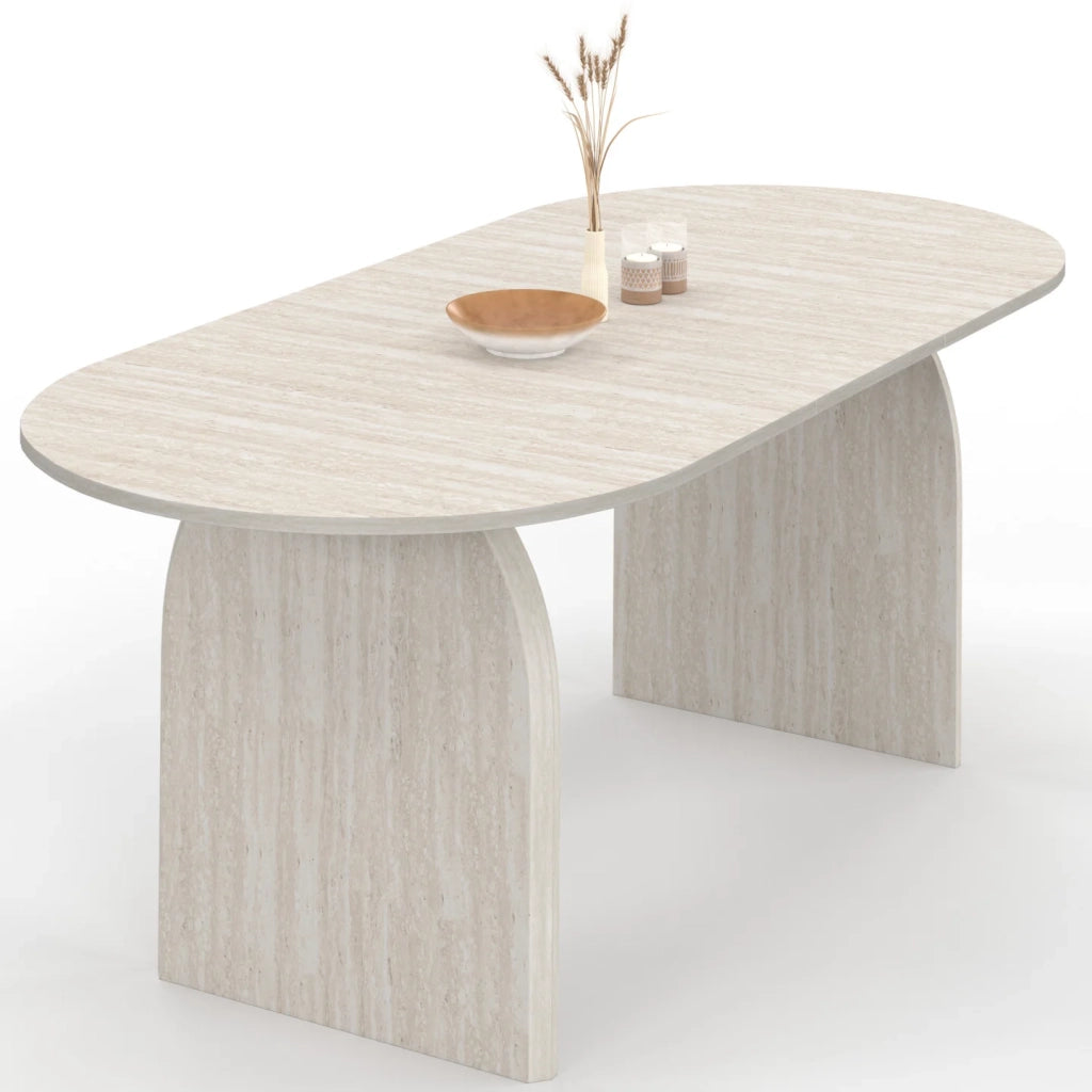 IDMarket - Tavolo da pranzo ovale japandi allungabile EDITH 6-10 persone stile travertino 160-200 cm