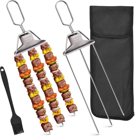Spiedini a 3 poli per kebab - spiedini metallici per grigliare - Accessorio BBQ con barra di spinta - Spiedini per carne, pollo, salsicce, verdure