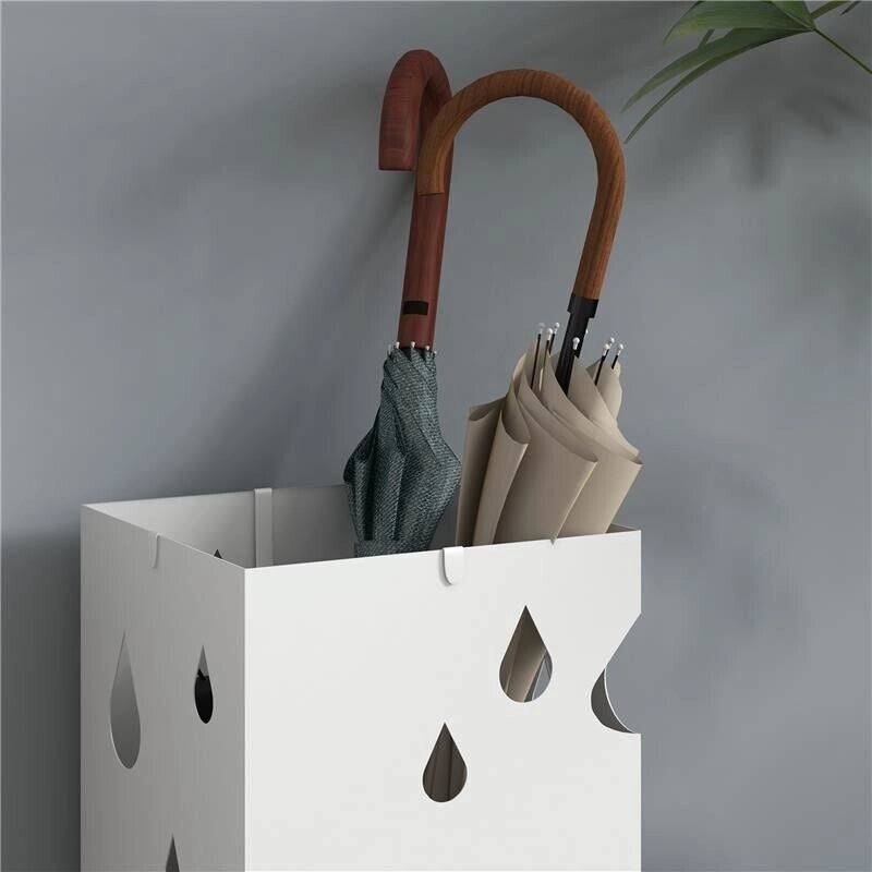 PORTAOMBRELLI IN METALLO CON 4 GANCI E VASCHETTA RACCOGLIGOCCE, 15.5X15.5X41CM, BIANCO