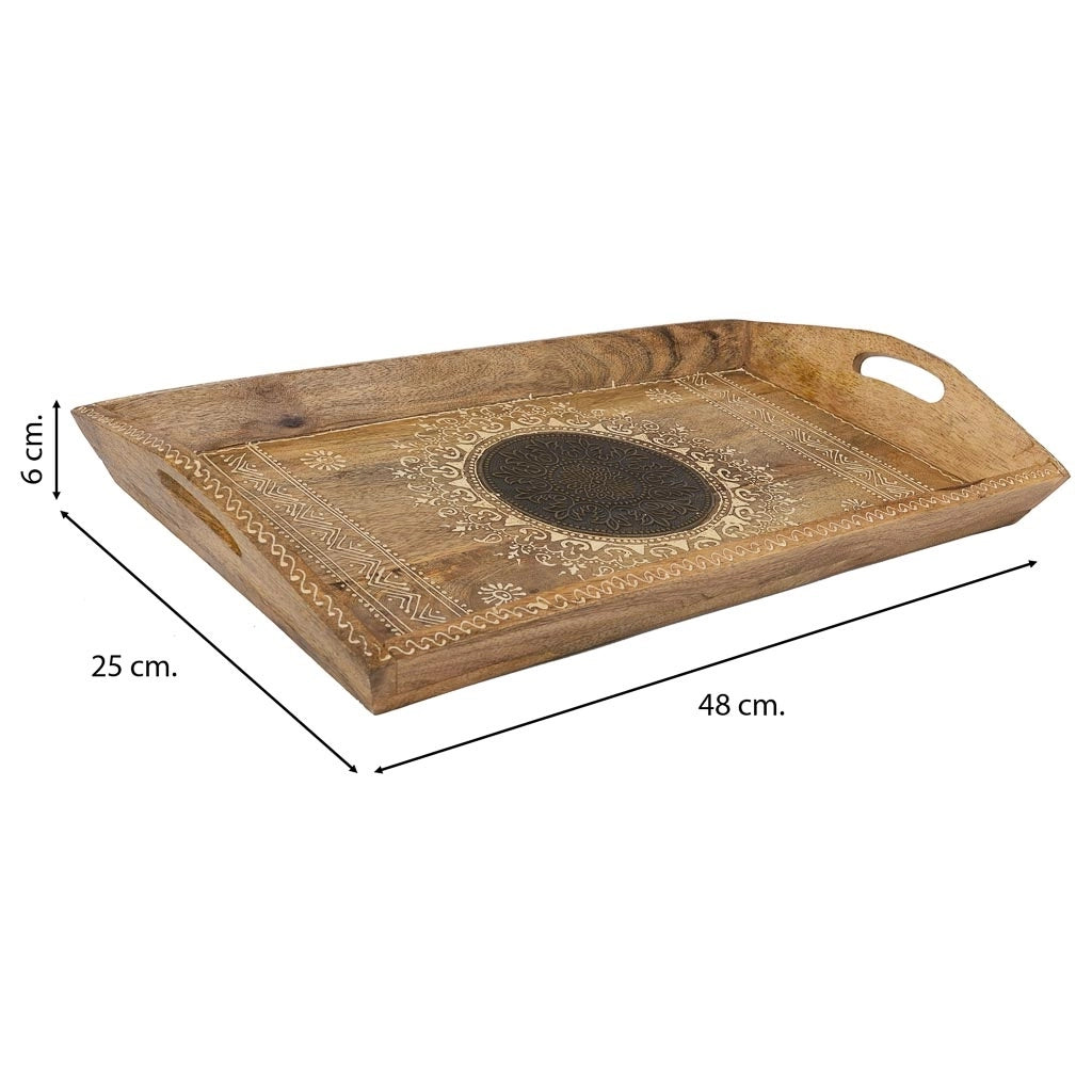 Vassoio in legno dipinto a mano con 2 manici marrone 48x25x6h cm