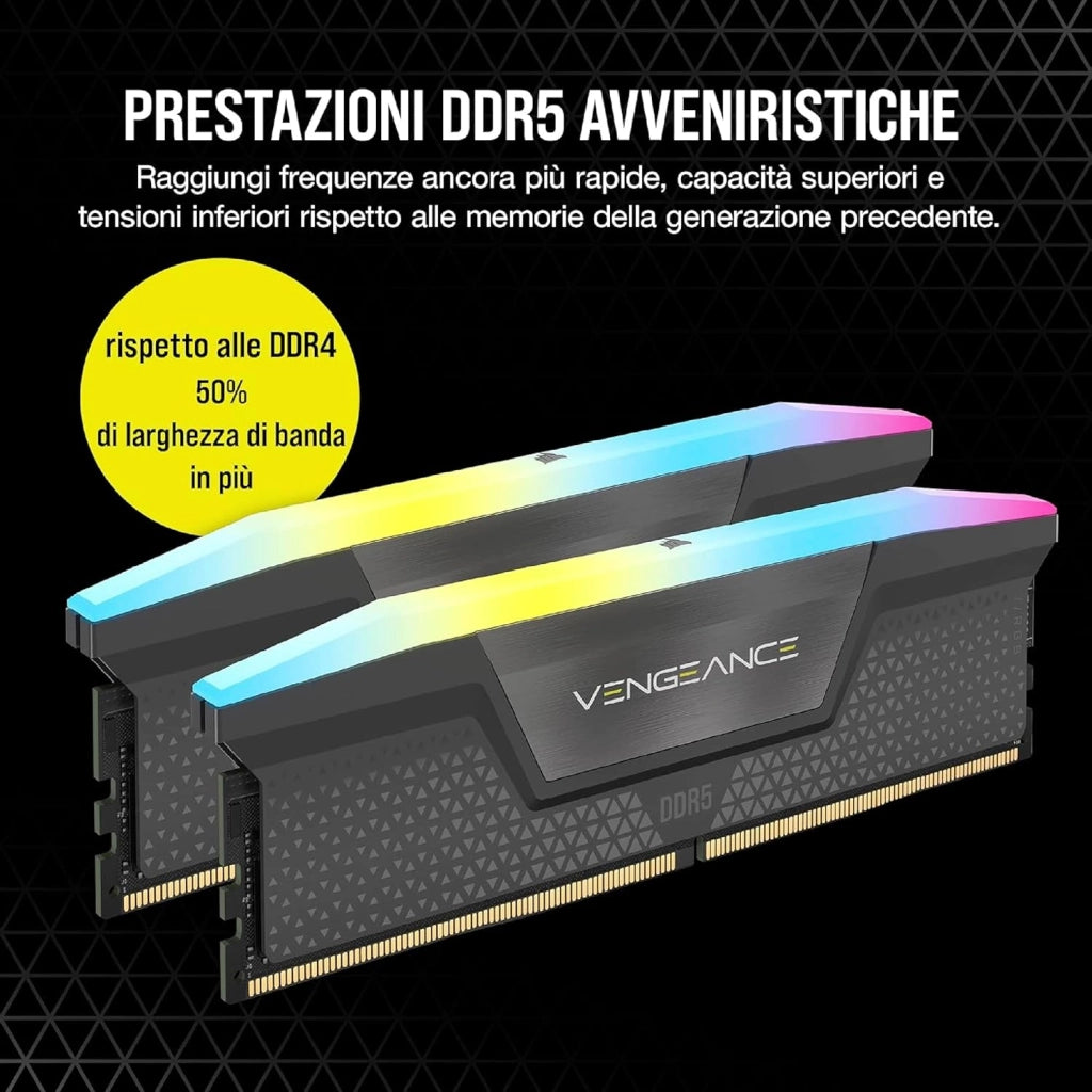 VENGEANCE RGB DDR5 RAM 16GB (2 x 8GB) Fino a 5200MHz CL40-40-40-77 1,25 V AMD EXPO Intel XMP Memoria Per Computer Desktop – Grigio (CMH16GX5M2B5200Z40)