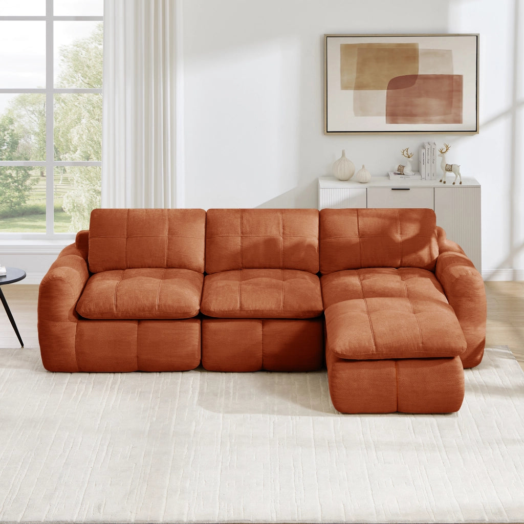 Divano modulare angolare 3 posti senza struttura con pouf in chenille arancione per salotto 264 × 160 × 68 cm